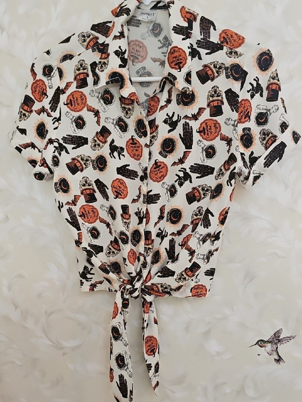 Spirit White Button-Down Tie-Hem Shirt with Black and Orange Halloween Print